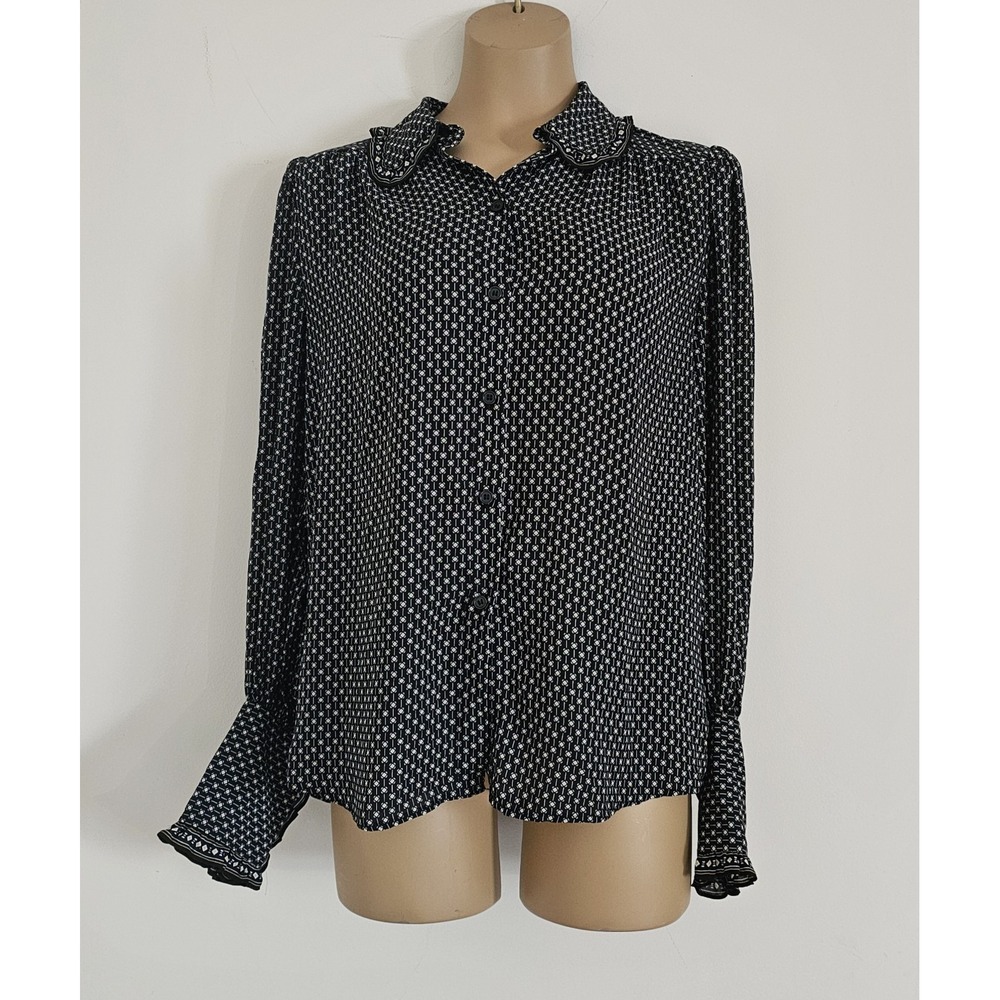 Matt Studio Black Blouse Geo Dot Peter Pan Collar Ruffle Trim Wide Cuff M‎